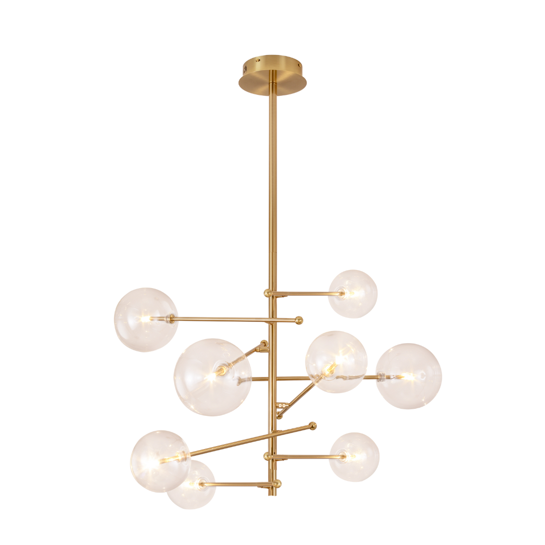 hanglamp met glazen bollen en goud armatuur