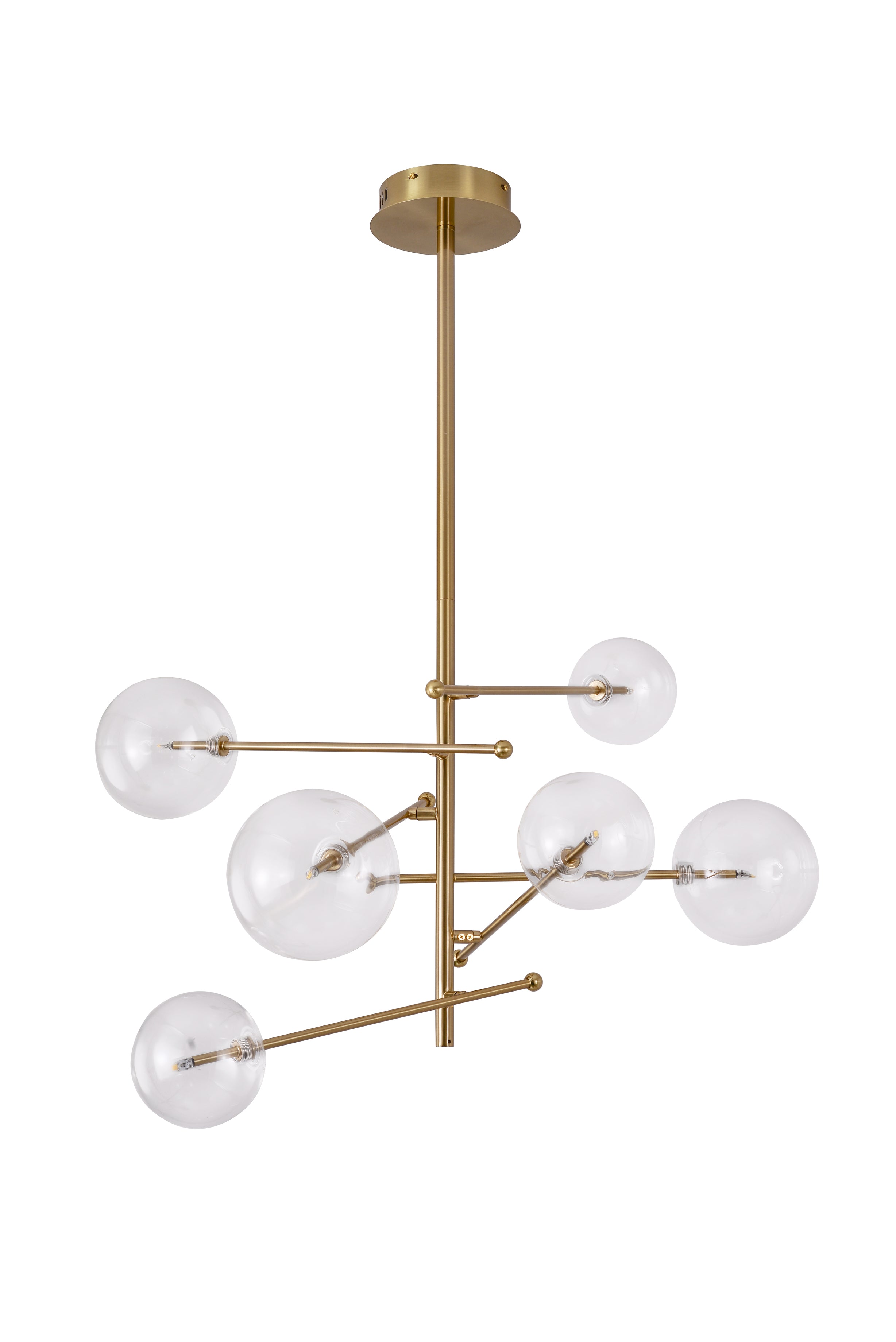 Hanglamp eettafel glazen bollen goud frame op witte achtergrond
